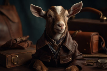 Little goat in a brown leather jacket on a dark background with vintage equipmentの素材