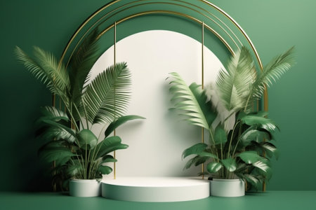 3d render, minimal display podium background, product presentation mockup, empty round stage with palm leaves, floral decoration, green wallの素材
