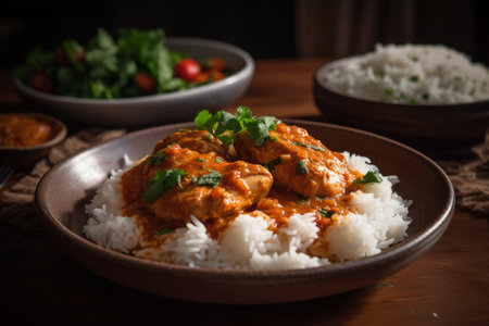 Chicken tikka masala served with rice and tomato sauce.の素材