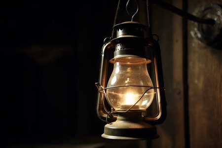 Old kerosene lamp hanging on a wooden wall in the darkの素材