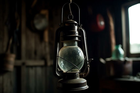Vintage kerosene lamp on the background of a wooden wallの素材
