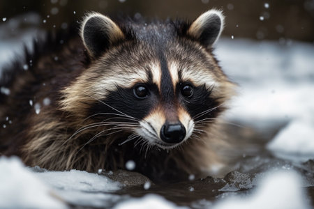 Portrait of a raccoon in the snow. Wildlife animal.の素材