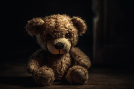 Teddy bear sitting on a wooden floor in the dark. Toned.の素材