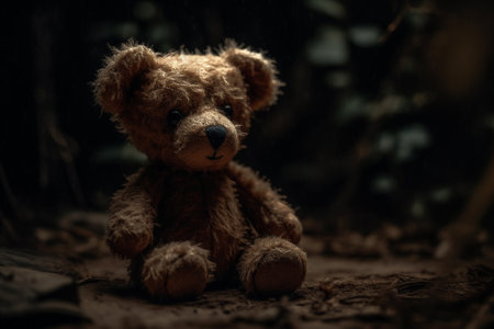 Teddy bear sitting on the ground in the forest. Selective focus.の素材