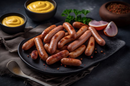 Grilled sausages with mustard and parsley on dark backgroundの素材