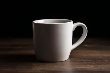 Coffee cup on a wooden table against a black background.の素材