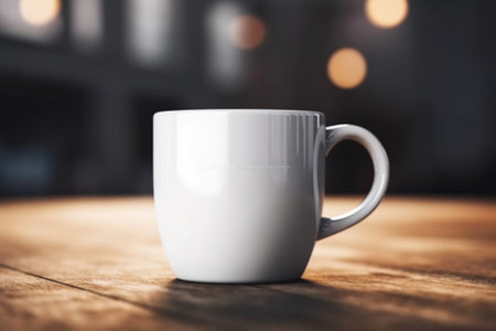 Coffee cup on wood table in coffee shop, stock photoの素材