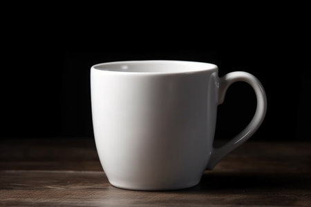 Coffee cup on wooden table. Black background, selective focusの素材