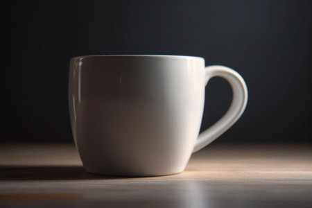Coffee cup on wooden table with dark background, soft focusの素材