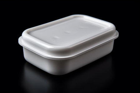 Plastic container for food on a black background. Close-up.の素材