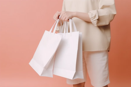Woman holding white shopping bags on pink background. Shopping, sale and consumerism concept.の素材