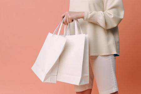 Woman holding paper shopping bags on a pink background. Shopping concept.の素材