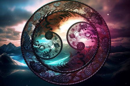 Fantasy landscape. 3D surreal illustration. Sacred geometry. Mysterious psychedelic relaxation pattern. Fractal abstract texture. Digital artwork graphic astrology magicの素材