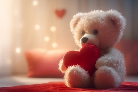 Teddy bear with red heart on bed at home. Valentine's day concept.の素材