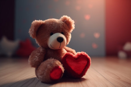 Teddy bear with red heart on wooden floor, Valentine's day conceptの素材