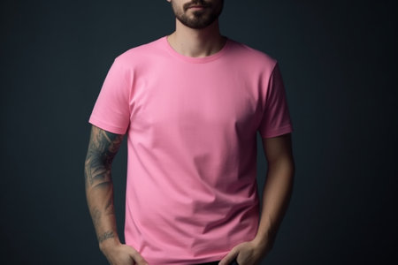 A man in a pink t-shirt on a dark background.の素材