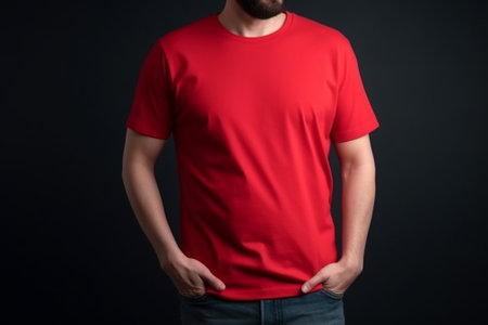 cropped view of man in red t-shirt on black backgroundの素材