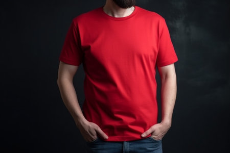 Man in red t-shirt on dark background. Mockup for designの素材