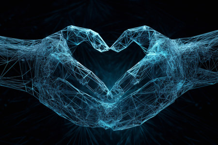 Heart shape made by blue polygonal wireframe on dark backgroundの素材