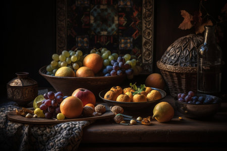 Still life with fruits on a wooden background. Selective focus.の素材