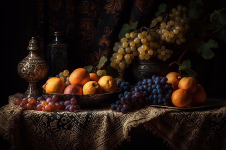 Still life with fruits on a table in the dark. Selective focus.の素材