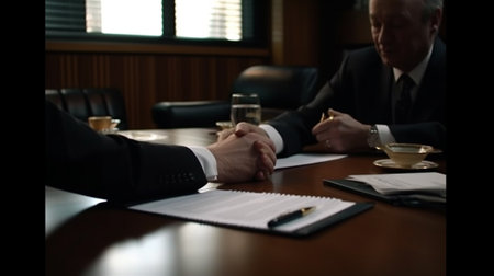 Two businessmen sitting at the table in office, talking and drinking coffeeの素材