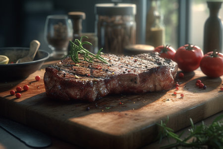 Grilled beef steak with spices on wooden cutting board, closeupの素材