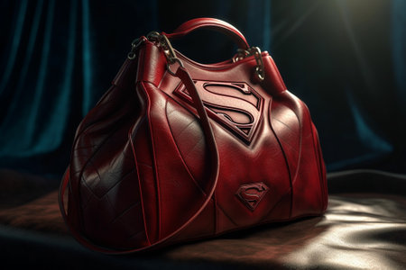 Red leather bag on dark background. Fashionable and luxury concept.の素材