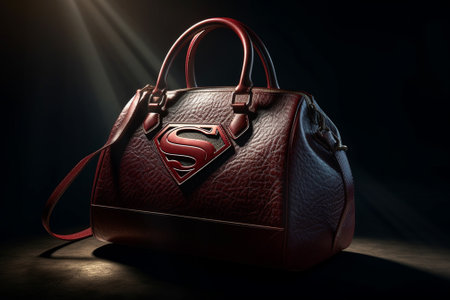 Red leather handbag on dark background with beam of light. 3d renderingの素材