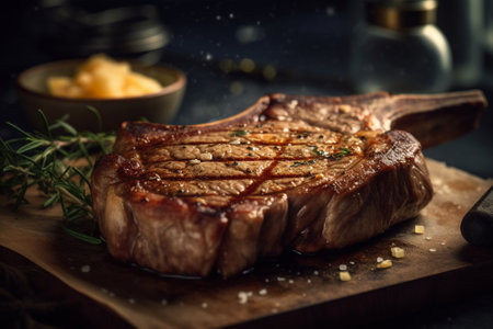 Grilled beef steak with rosemary and sauce on wooden cutting boardの素材