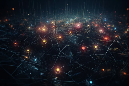 3D rendering of abstract technology digital landscape with connection lines and dotsの素材