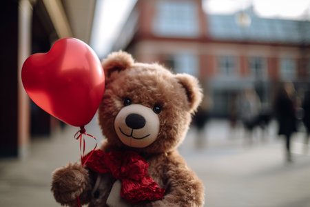 Teddy bear with red heart balloon in the city. Valentine's day concept.の素材