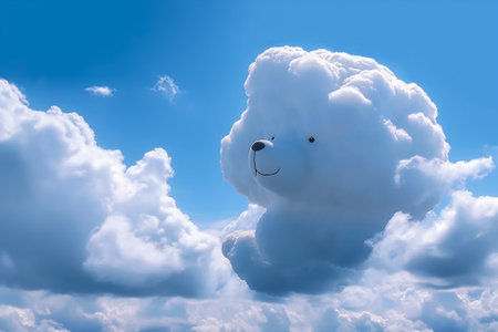 White cloud with smiley face on blue sky background. Cloudy weather conceptの素材