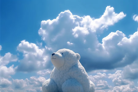 Teddy bear on blue sky background with white clouds. 3d renderingの素材
