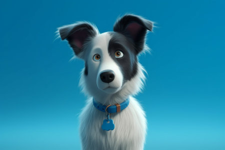 3d rendering of a cute border collie dog with blue collarの素材