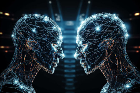 3D rendering of double exposure of man and woman with digital brainの素材