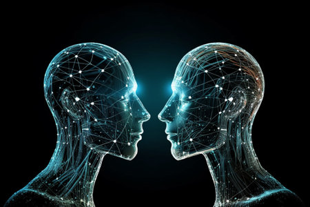 3d rendering of male and female heads with connection lines on black backgroundの素材