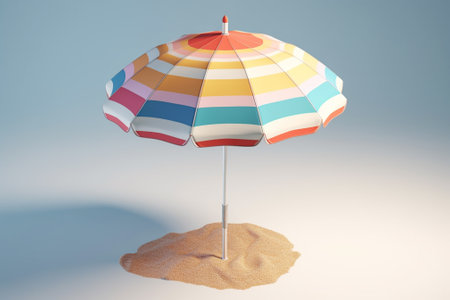 Colorful beach umbrella on the sand. 3d render illustration.の素材