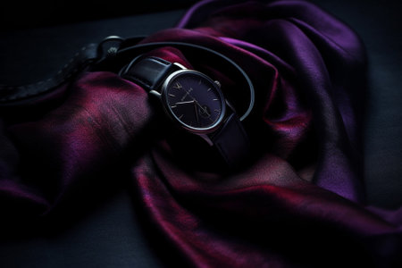 Wristwatch on the background of purple silk. Close-upの素材