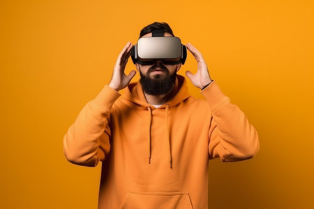 Bearded man wearing a yellow hoodie on a yellow background using a virtual reality headsetの素材