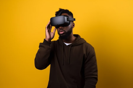Young african american man using virtual reality headset on yellow backgroundの素材
