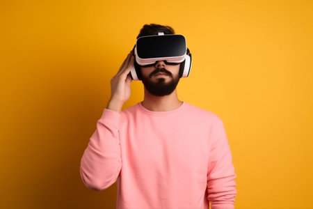 Young man in pink sweatshirt using virtual reality headset over yellow backgroundの素材