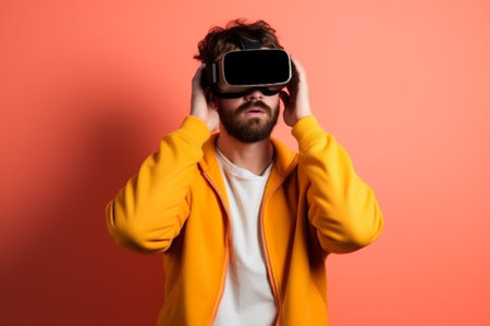 Handsome young man in a yellow jacket using a virtual reality headset on a red backgroundの素材