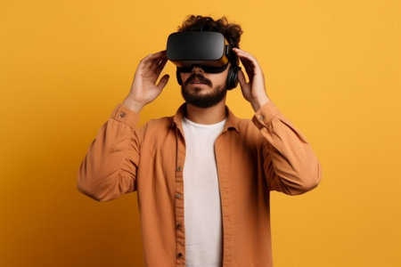 bearded man in virtual reality headset looking at camera isolated on yellowの素材