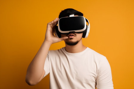 Young man wearing virtual reality goggles. Studio shot on yellow background.の素材