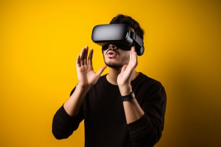 Young man wearing a VR headset on yellow background, experiencing virtual realityの素材