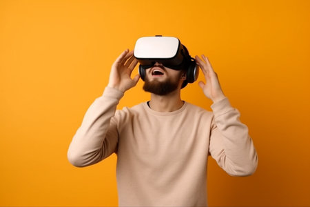 Young man in casual clothes using virtual reality headset isolated over yellow backgroundの素材