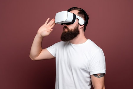 Young bearded man wearing virtual reality glasses and gesturing while standing against burgundy backgroundの素材