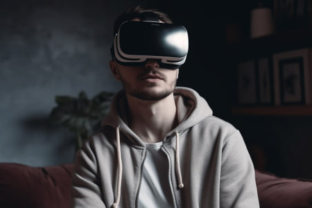 Young man with virtual reality headset sitting on sofa in dark room.の素材