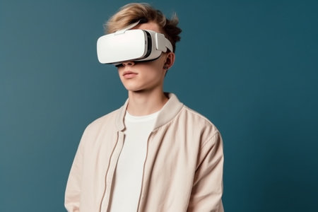 Portrait of young man using virtual reality headset isolated on blue backgroundの素材
